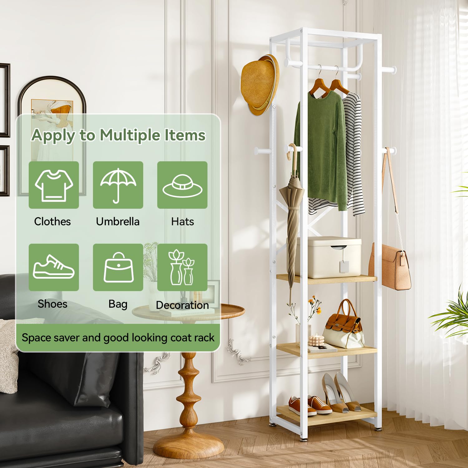 IBUYKE Coat Rack, Freestanding Coat Stand with 3 Shelves and 8 Hooks, Industrial Clothes Stand for Entryway, Hallway, Bedroom, 180 x 40 x 30 cm,