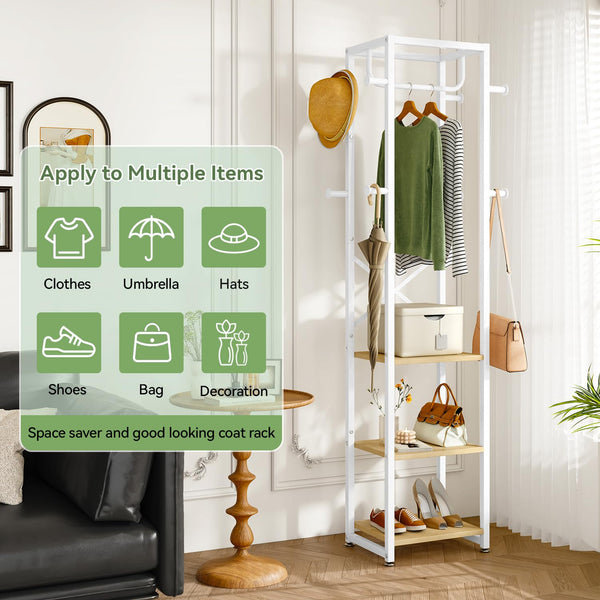 IBUYKE Coat Rack, Freestanding Coat Stand with 3 Shelves and 8 Hooks, Industrial Clothes Stand for Entryway, Hallway, Bedroom, 180 x 40 x 30 cm,