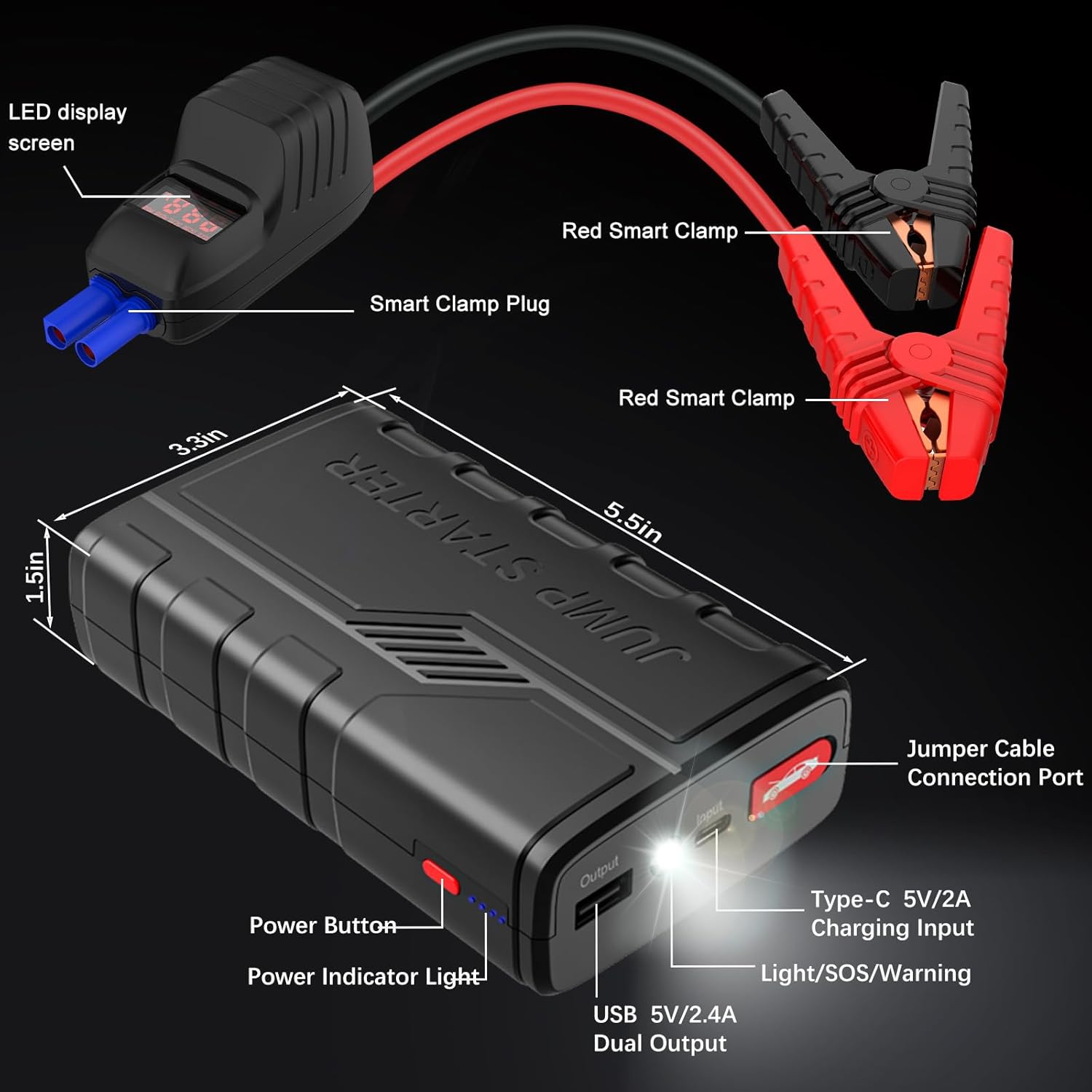 Jump Starter Power Pack, 1500A Car Battery Booster Jump Start er for 12V Vehicle, Car Jump Starter Power Bank with LED, and Jump Leads for Up to 7.0L Gas and 5.5L Diesel Engines