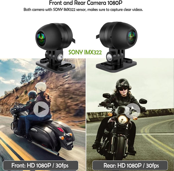 Waterproof Motorcycle Dash Cam with Wireless CarPlay & Android Auto, 5'' IPS Touch Screen, Front and Rear Camera HD 1080P, TPMS, Bluetooth, Wi-Fi, GPS, Max up to 256GB