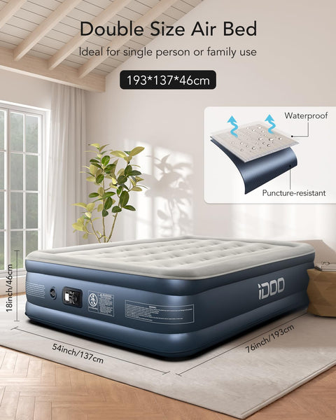 iDOO Double size Air Bed, Inflatable bed with Built-in Pump, 3 Mins Quick Self-Inflation/Deflation Air Mattress, Blow Up Bed for Home Portable Camping