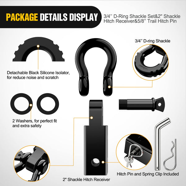 Nilight Shackle Hitch Receiver 2Inch 45000 LBs Breaking Strength 3/4" D Ring Shackle w/Trailer Hitch Pin Heavy Duty Solid Recovery Towing Kit for Trucks Jeeps Off Road,2 Years Warranty