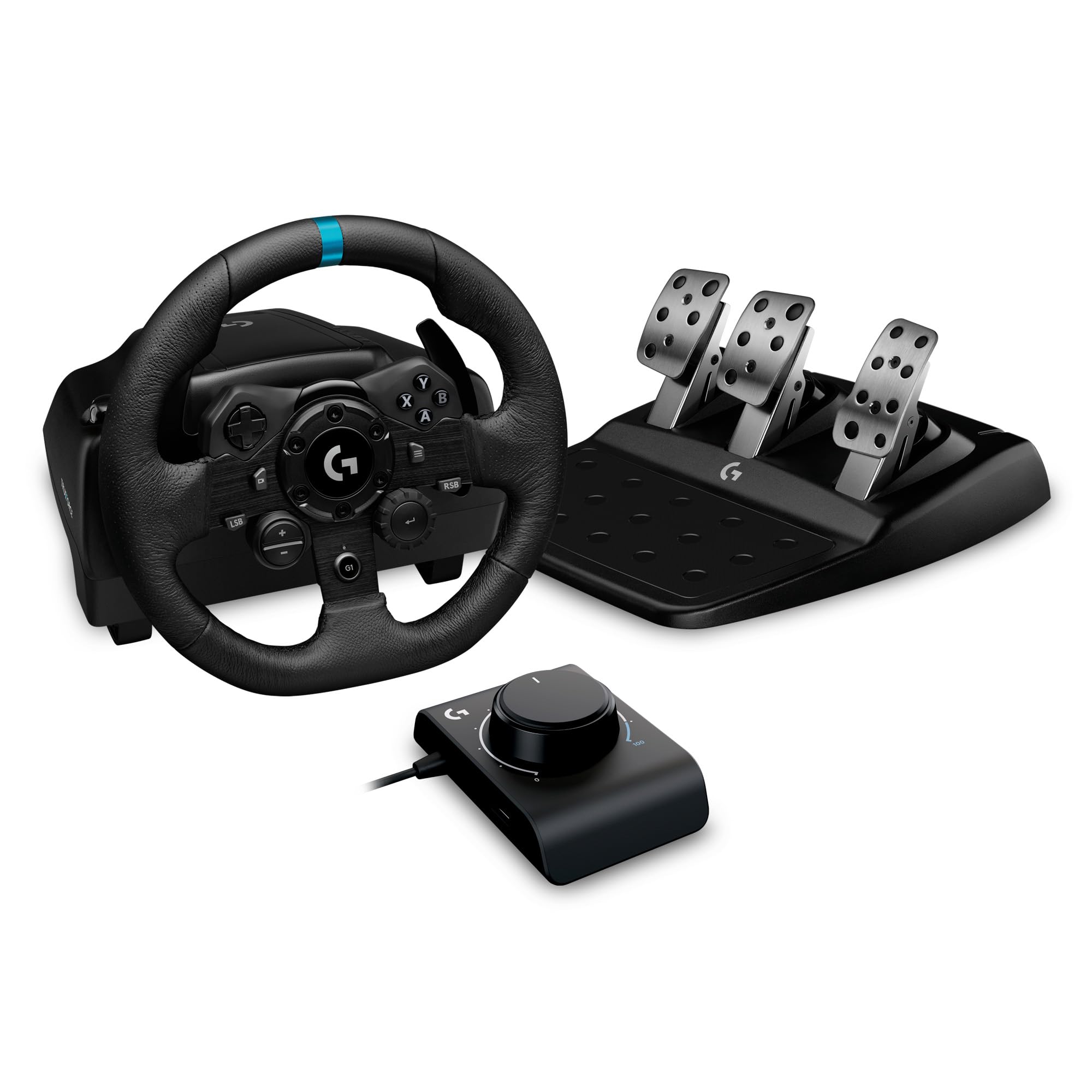 Logitech G G923 Racing Wheel and Pedals, TRUEFORCE up to 1000 Hz Force Feedback, Responsive Driving Design, Dual Clutch Launch Control, Genuine Leather Wheel Cover, for PS5, PS4, PC, Mac - Black