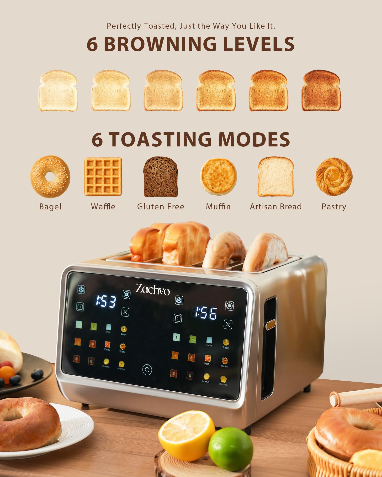 ZACHVO Toaster 4 Slice with Independent Dual Controls & Extra-Wide 1.45" Slots – Smart Touchscreen Toasters with 6 Browning Levels, Auto Shutoff, Defrost & Reheat, Sandwich Clip & Warming Rack