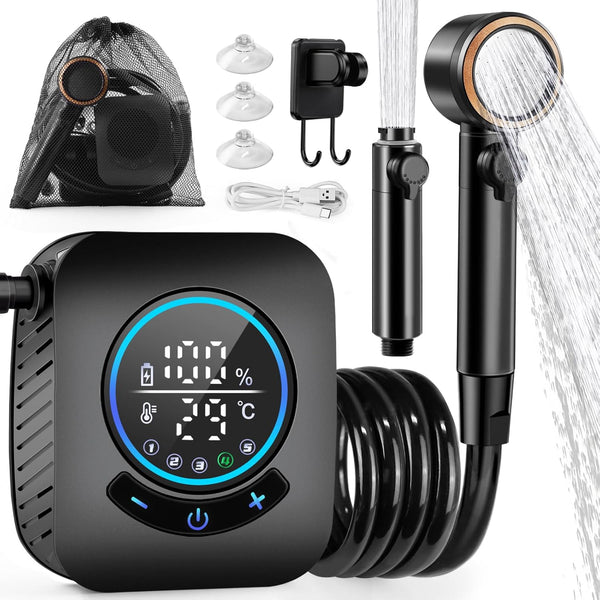 AUTOPkio Portable Camping Shower, 8000mAh Rechargeable Outdoor Shower Pump Kit with Intelligent Display, 4 Spray Modes, IPX8 Waterproof for Travel, Hiking, Car Washing, Pet Bath