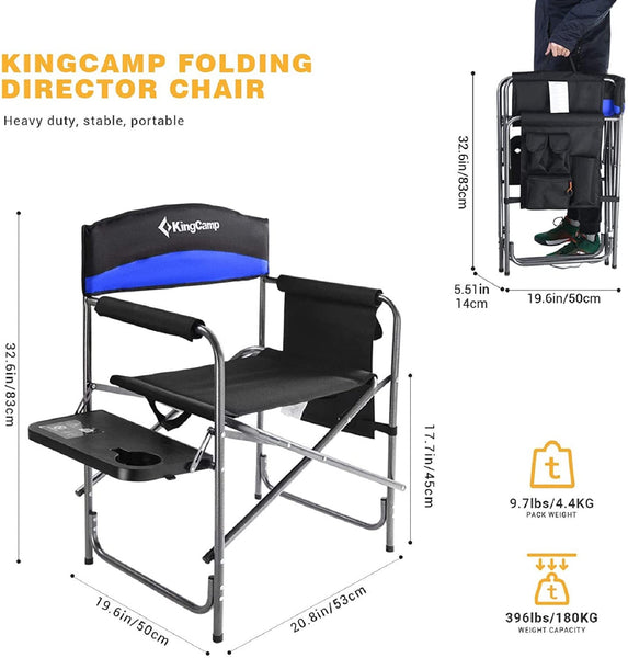 KingCamp Folding Camping Chairs for Adluts Heavy Duty Directors Chair with Cooler Bag and Side Table Support up to 150KG