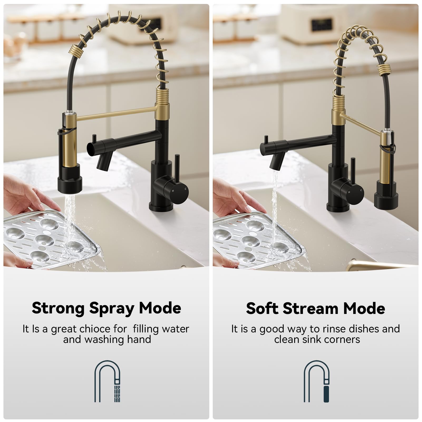 Warmiehomy 5 Modes Kitchen Taps Mixer with Pull Out Spray,High Arc 360° Swivel Dual Spout Pull Down Stainless Steel Kitchen Sink Taps,Brushed Nickel