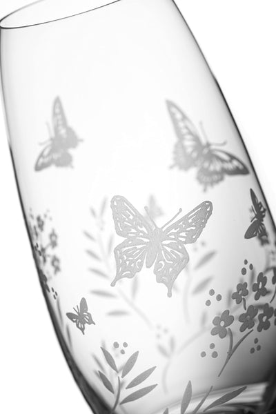 DIAMANTE 'Butterfly' Vase - Hand Etched Butterfly Wild Flowers Floral Pattern Barrel Vase - 25cm Clear