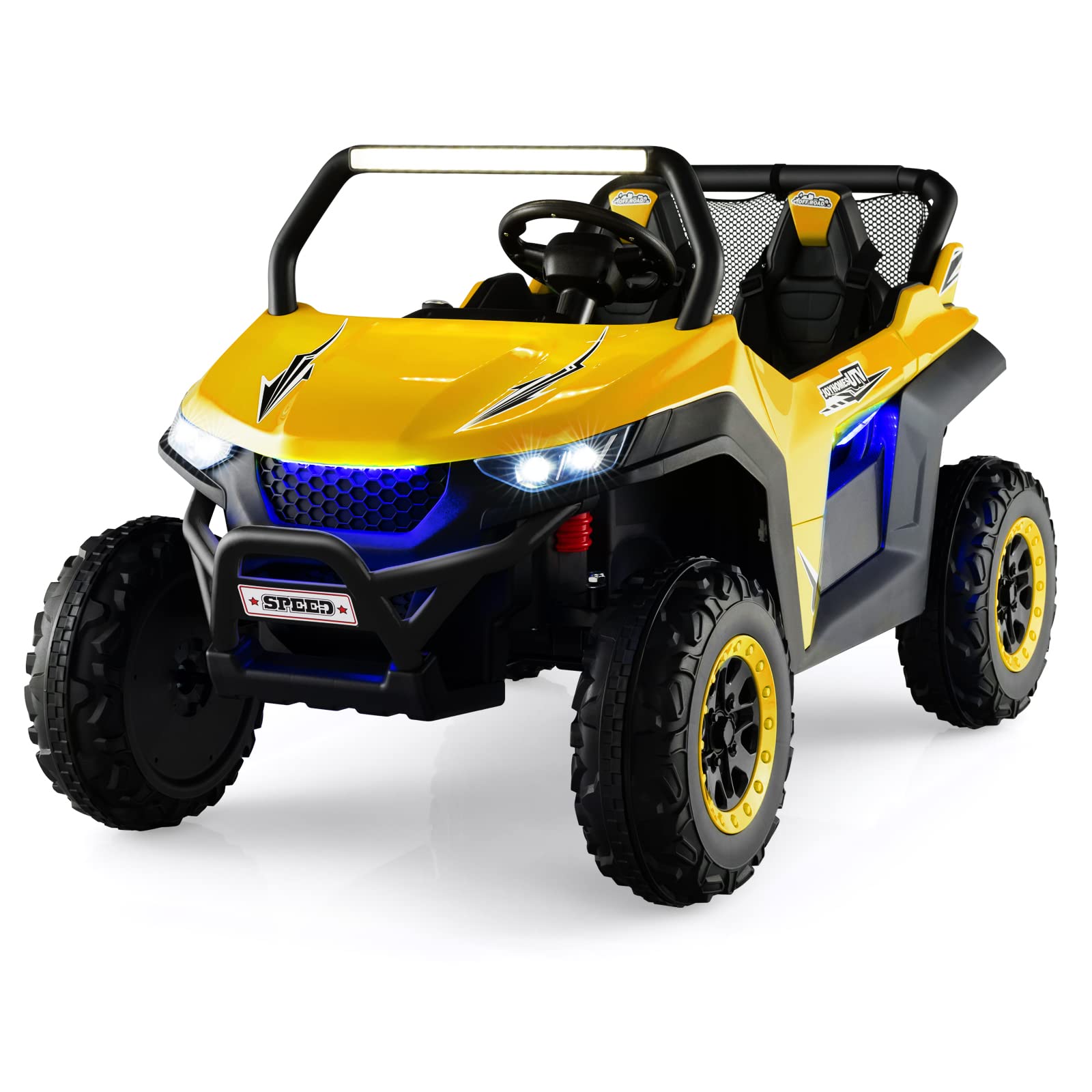 Kids Electric UTV, 2-Seater 12V Battery Powered Toy Car with Remote Control, Lights, Bluetooth, MP3, USB, FM, High/Low Speed & Suspension Spring, Children Ride on Car for 3-8 Years Old (Yellow)