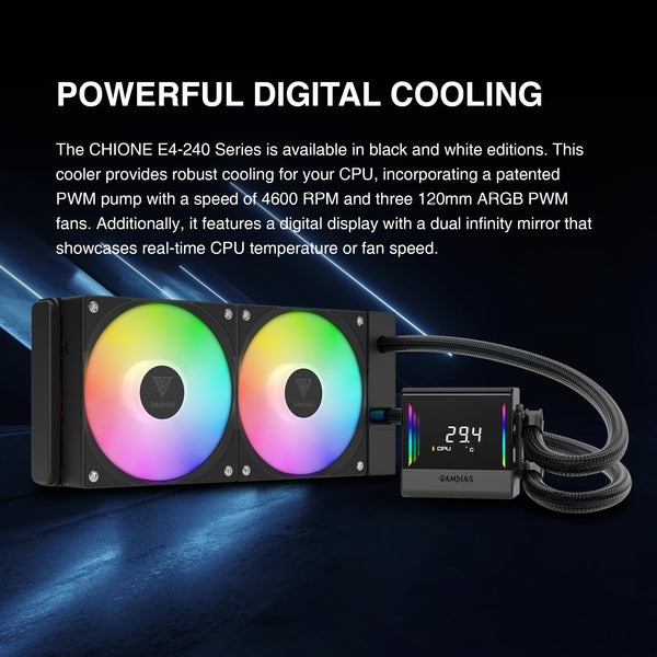 GAMDIAS CHIONE E4 240mm AIO Liquid CPU Cooler, Real-Time Digital Display Patented PWM Pump, 2 x 120mm Easy Cable Management Daisy Chained Fans w/ ARGB Sync, Intel LGA 1851/1700/1200；AMD AM5/AM4, Black