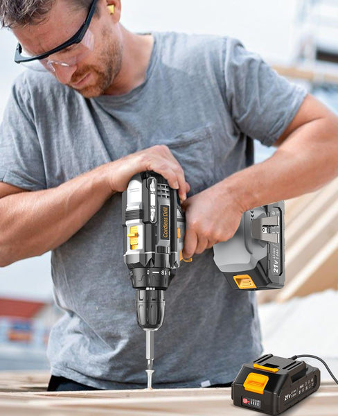 LEEIKOO Cordless Drill, 21V Electric Drill 42N.m with 2.0Ah Battery, Combi Set 10mm Chuck, 2 Speeds, 18+1 Torque, LED Light, 20pcs Drill Set for Garden DIY Project, Grey