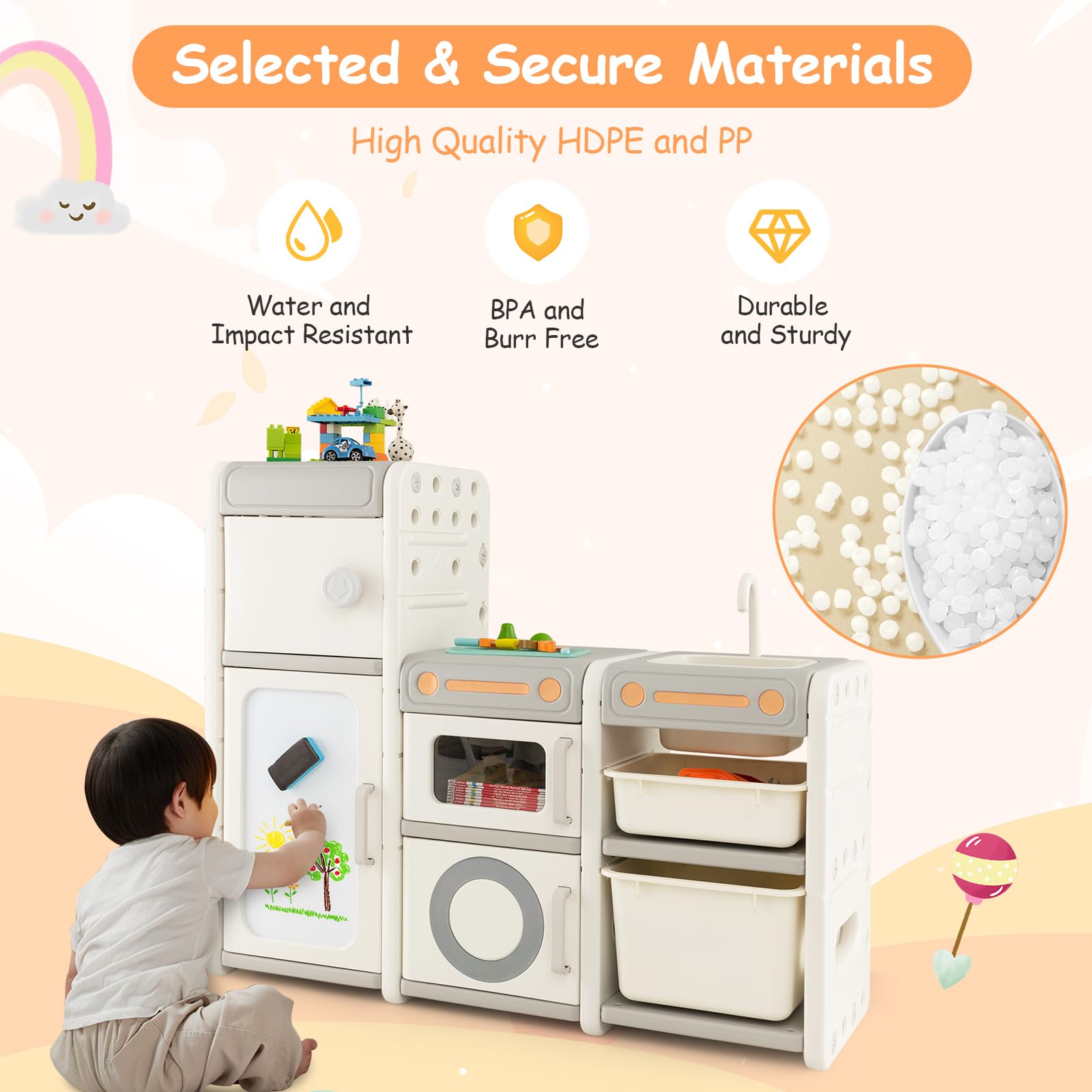 COSTWAY Kids Storage Units, Children Toy Organizer with Plastic Bins, Pull-Out Drawers and Door Cabinet, Toddler Storage Chest for Nursery Playroom Bedroom (Car Shape, 112 x 35 x 66cm)