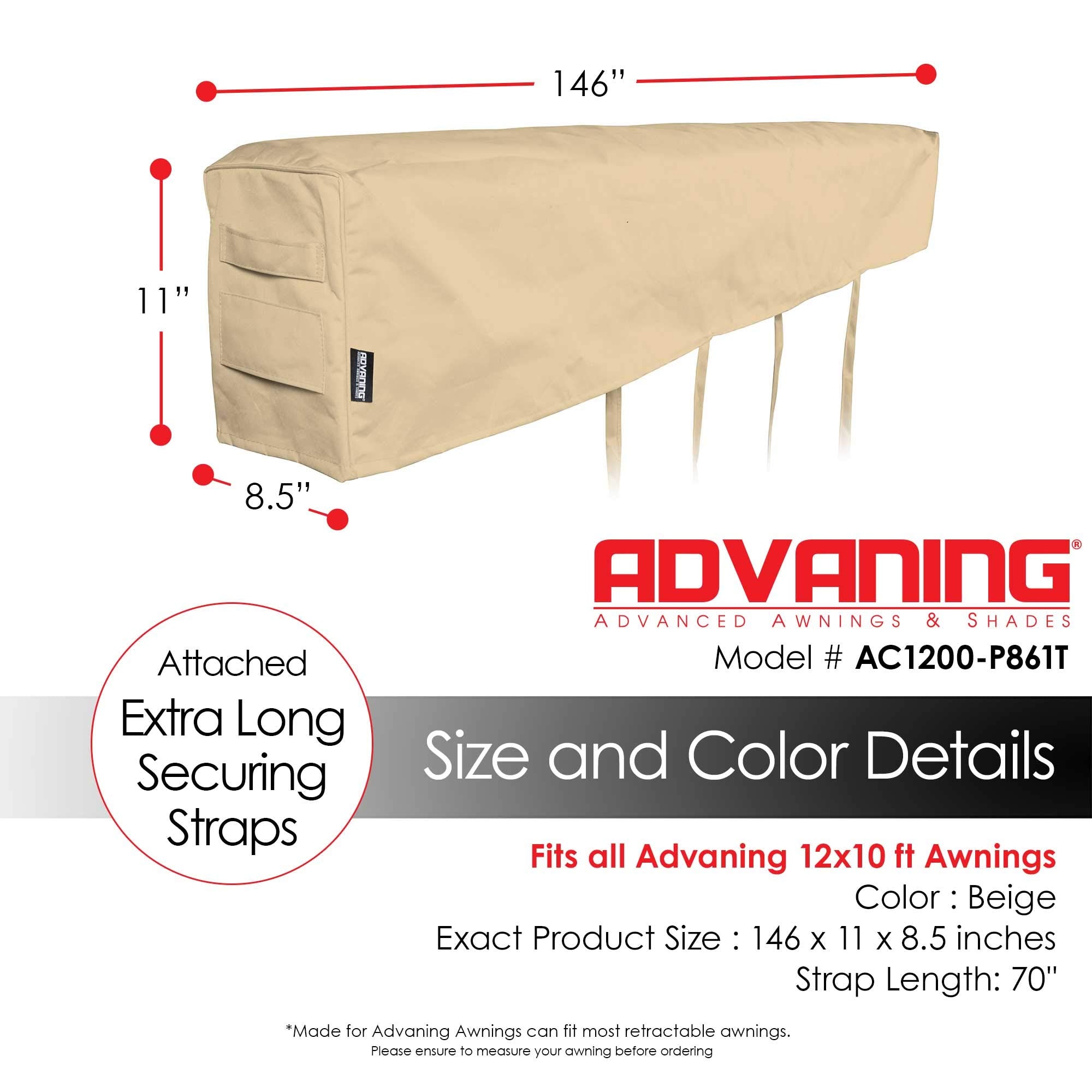 ADVANING AC1200-P861T Protective Cover for 12' Wide Retractable Awnings, Heavy Duty Weather Proof Polyester Fabric, Beige