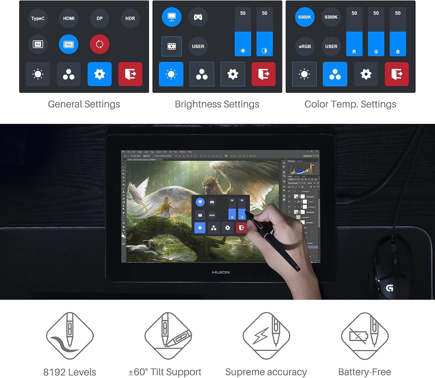 HUION Kamvas Pro 16(4K) UHD Graphic Tablet with Screen, 15.6-inch Monitor Full-Laminated Anti-Glare, Tilt Function 8192 Battery-Free Stylus PW517 for PC, Mac, Android