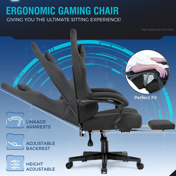 GTPLAYER Fabric Gaming Chair, Ergonomic Computer Chair with Footrest and Lumbar Support Height Adjustable Home Office with 360°-Swivel Seat and Headrest
