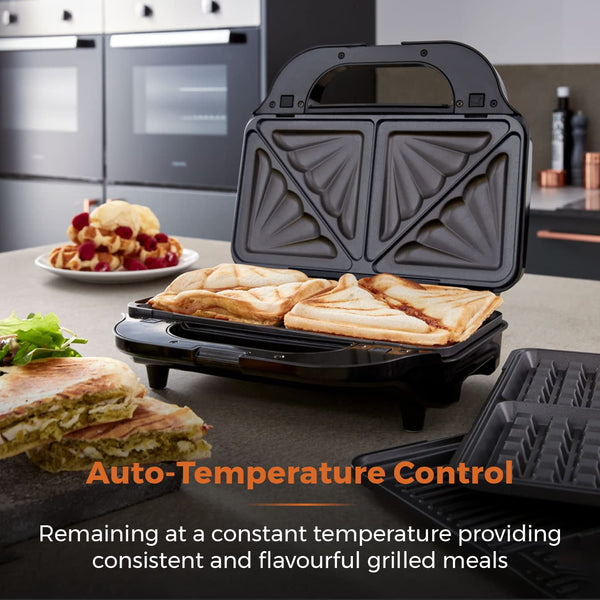 Tower T27032 3-in-1 Deep Filled Snack Maker with Non-Stick Coated Plate and Automatic Temperature Control, 900W, Stainless Steel