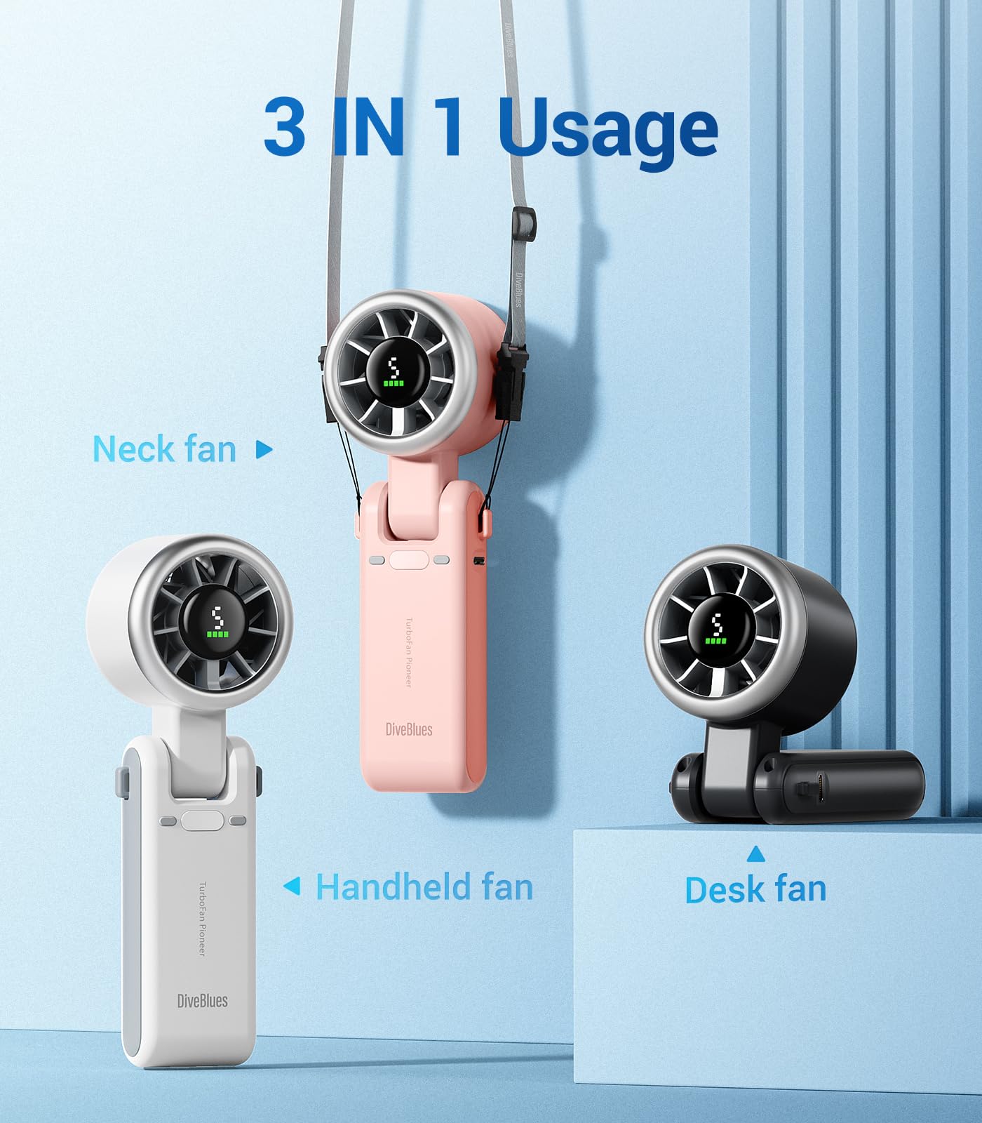 Diveblues Portable Handheld Fan, High-Speed Turbo Portable Fan, LED Display, Up to 12 Hours, 4000mAh Battery, 5 Wind Gear, Rechargeable small Hand Fan for Travel/Commute/Outdoor, Gifts for Women