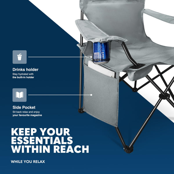 Voyager Folding Camping Chairs 2 Pack with Cooler Bag, Lightweight Q195 Steel Frame, 600D Oxford Fabric, Portable & Comfortable - Black (Black, Padded)