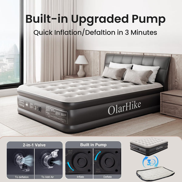 OlarHike Inflatable Mattress, Air Bed Double with Built-in Electric Pump, King Size Blow Up Self Inflating Guest Airbed with Flocked Surface for Camping or Home Use, 190cm L x 140cm W x 46cm H(Black)