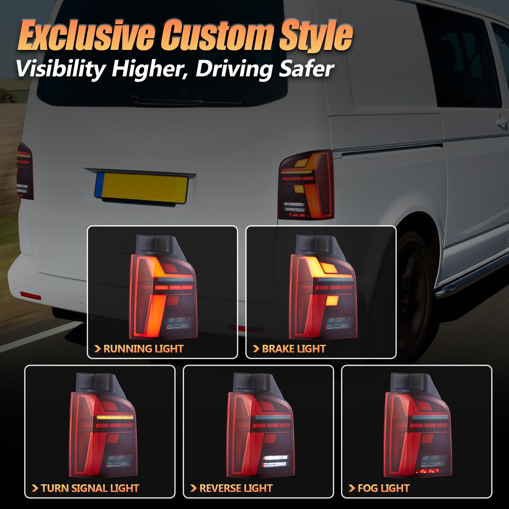 VLAND LED Rear Lights Compatible With Transporter T5 Facelift T5.1 Caravelle Multivan TDI TSI 2010-2014, w/Startup dynamic display, Driver & Passenger Side - Smoked