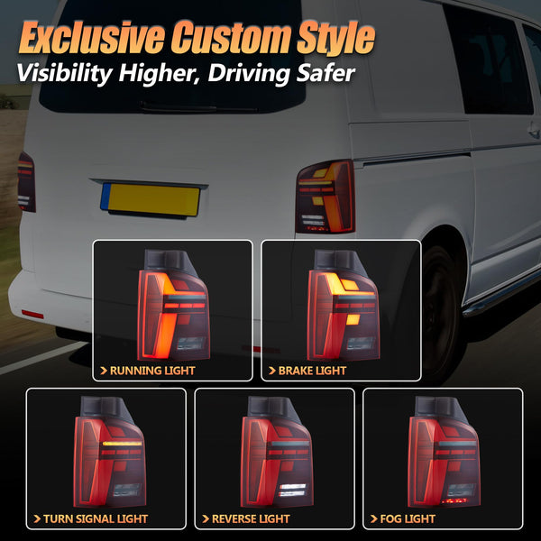 VLAND LED Rear Lights Compatible With Transporter T5 Facelift T5.1 Caravelle Multivan TDI TSI 2010-2014, w/Startup dynamic display, Driver & Passenger Side - Smoked