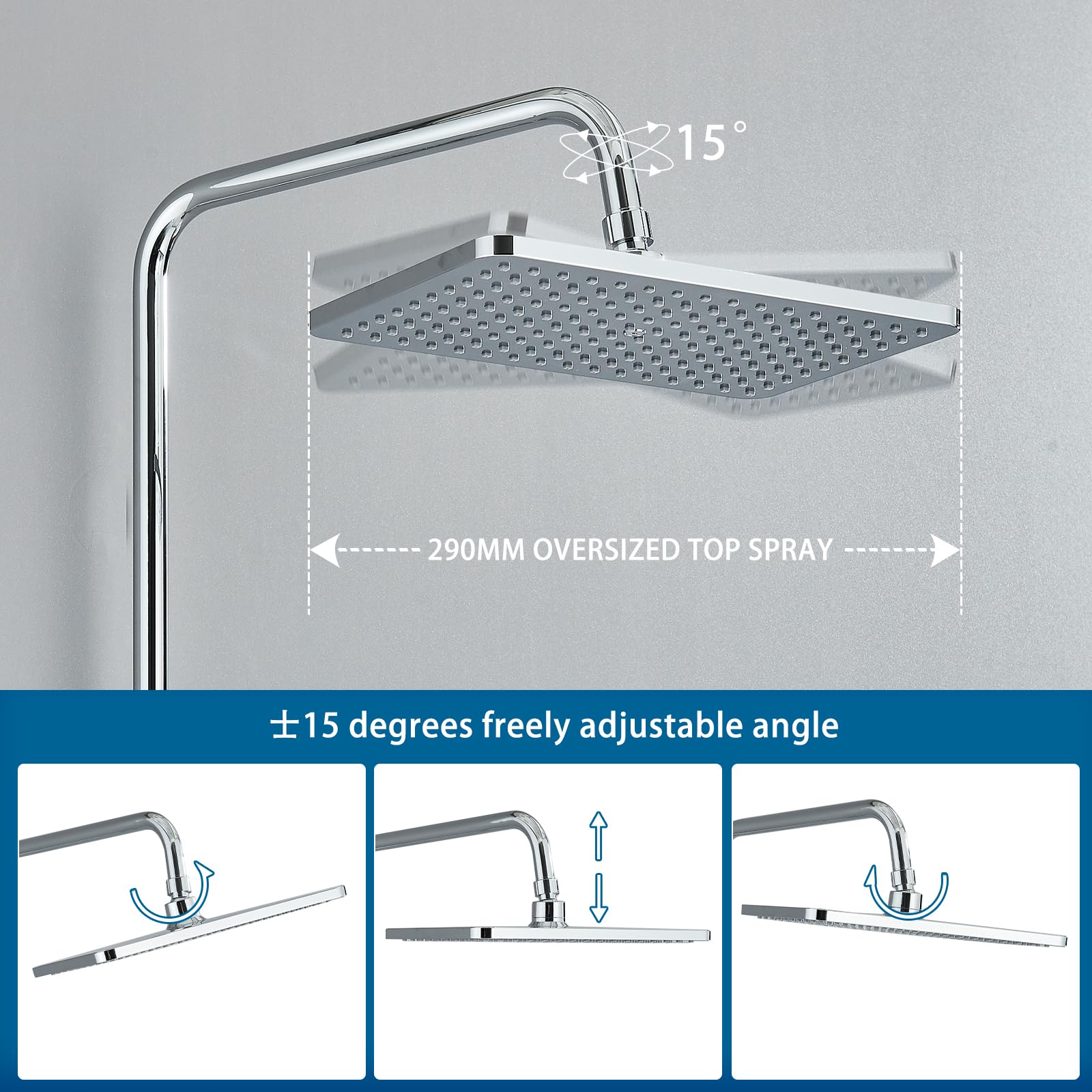 Rozin Shower Riser Rail Kit Adjustable Chrome 2 Functions Square Overhead 29 * 19cm and Hand Shower Stainless Steel Easy Install