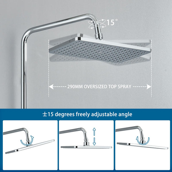 Rozin Shower Riser Rail Kit Adjustable Chrome 2 Functions Square Overhead 29 * 19cm and Hand Shower Stainless Steel Easy Install