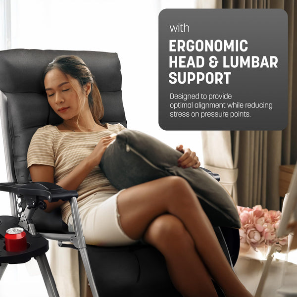 KEPLIN Square Tube Gravity Chair with Cushion – Extra-Wide 72cm Recliner, Adjustable Zero Gravity Lounger, Reinforced Frame, Supports 150kg, Premium Comfort for Indoor & Outdoor Relaxation – Black