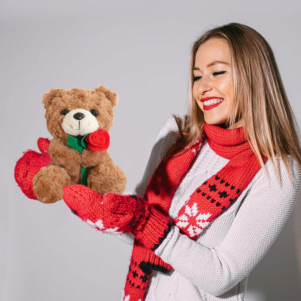 Christmas Teddy Bear Plush Toy, 25cm Cuddly Christmas Cute Soft Plush Toy With Rose,Christmas Stuffed Pillow Doll, Xmas Stuffed Animals Gifts for Kids Girlfriends Boyfrieds
