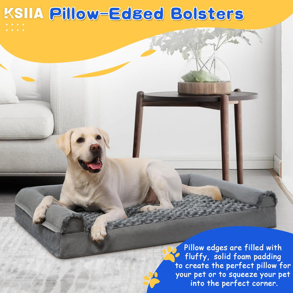 KSIIA Large Dog Bed, Orthopedic Dog Sofa Beds Couch with Removable Washable Cover, Waterproof Pet Sofa with U-Shape Bolster, Grey 88.9x55.88x16cm