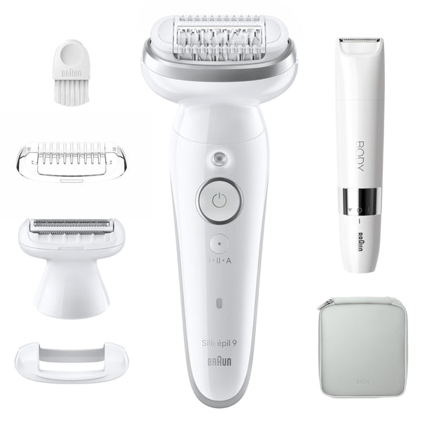 Braun Silk-épil 9, Epilator with Pivoting Head for Easy Hair Removal, Wet & Dry, Lasting Smooth Skin, with Lady Shaver Head & Trimmer Comb, 9-441, White/Silver with EU Plug