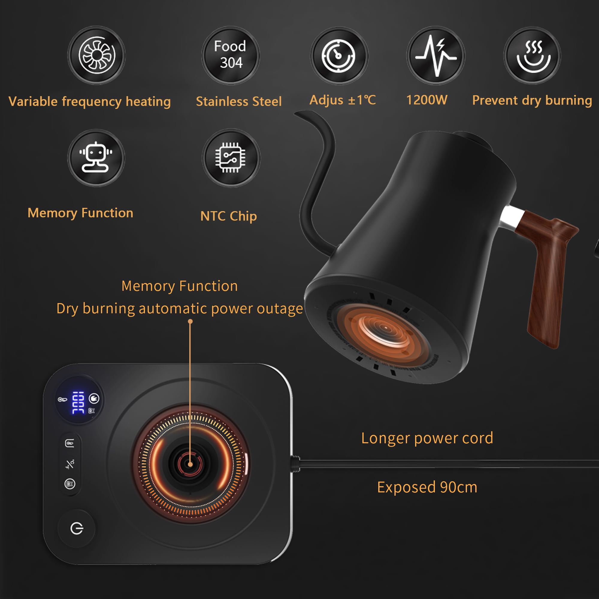 RHD Electric Gooseneck Kettle with LCD Display, Real-Time Temp Control Hot Water Boiler to Pour Over Coffee, Brew Tea, Switchable /, 1200 Watt Quick