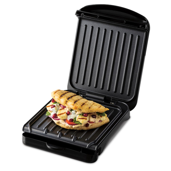 George Foreman Large Electric Fit Grill [Non stick, Healthy, Griddle, Toastie, Hot plate, Panini, BBQ, Energy saving, Vertical storage, Easy clean, Drip tray, Ready to cook light] Black, 2400W 25820