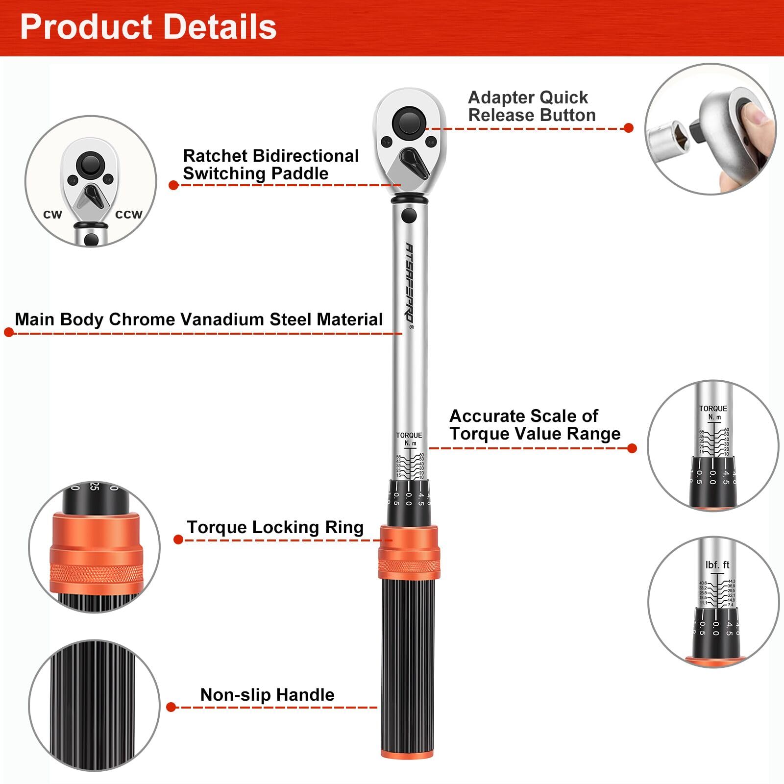 ATsafepro Torque Wrench 3/4 Inch, 100-600 Nm Torque Wrenchs, ±3% Error Accuracy with 48 Teeth Dual-Direction Adjustable for Repair of Car, Truck, Tractor