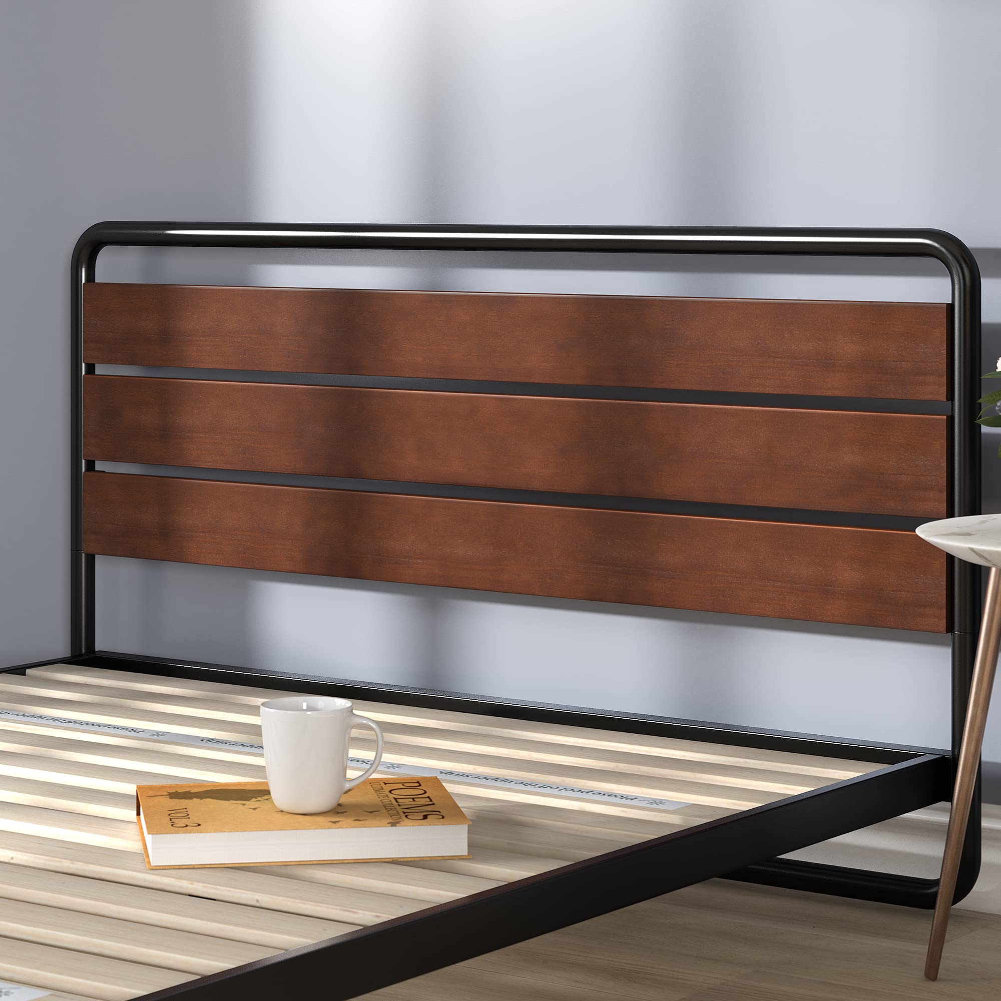 Zinus Therese Single Bed frame - Bed 90x190 cm - 20 cm Height - Metal and Wood Platform bed frame with wood slat support - Brown