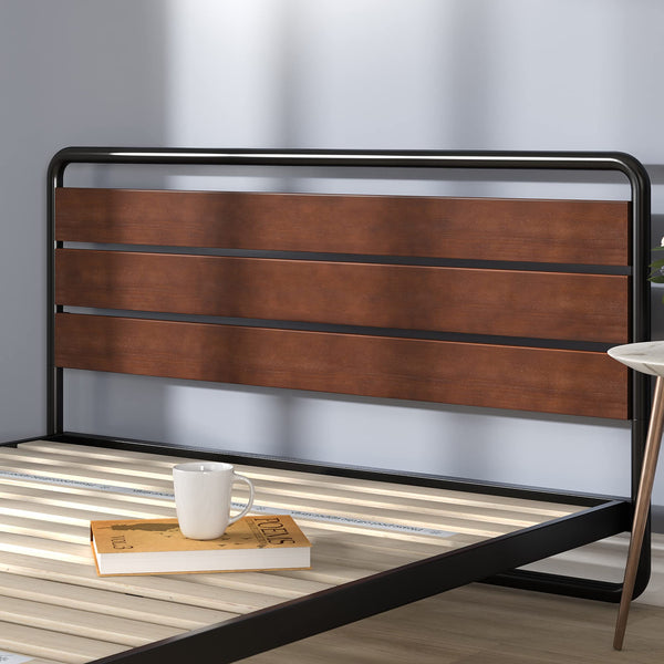 Zinus Therese Single Bed frame - Bed 90x190 cm - 20 cm Height - Metal and Wood Platform bed frame with wood slat support - Brown
