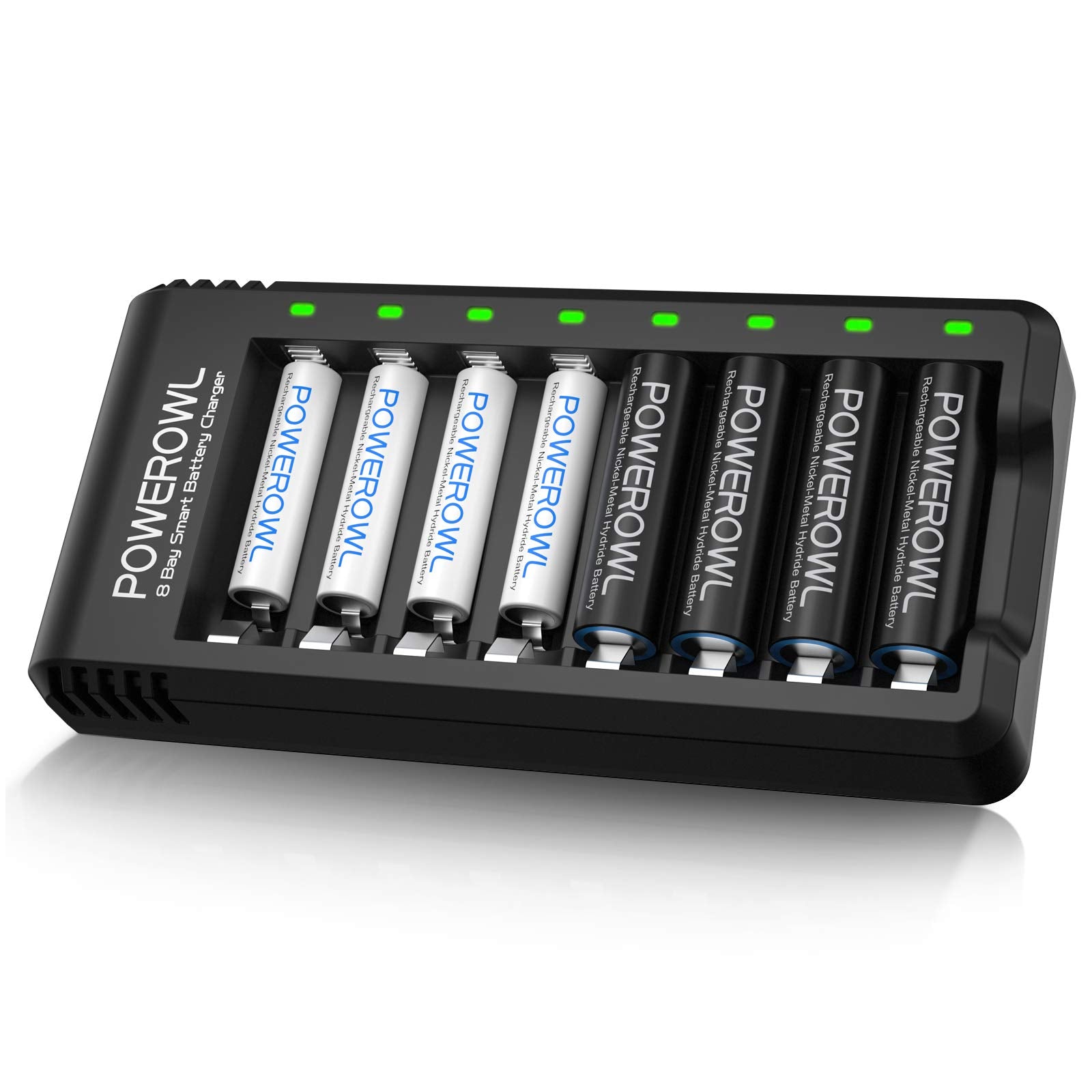 POWEROWL 8 Pcs 2800mAh AA Rechargeable Batteries with 8 Slot Battery Charger, USB Fast Charging, Input DC 5V 2A, Output 1.4V 250mA, Independent Slot