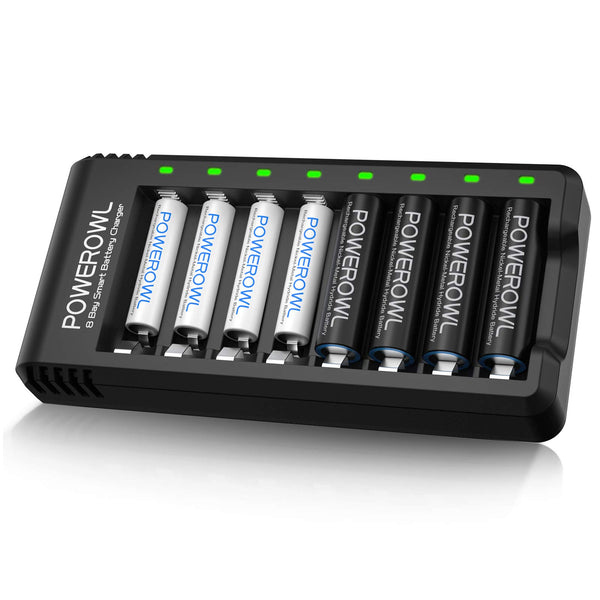POWEROWL 8 Pcs 2800mAh AA Rechargeable Batteries with 8 Slot Battery Charger, USB Fast Charging, Input DC 5V 2A, Output 1.4V 250mA, Independent Slot