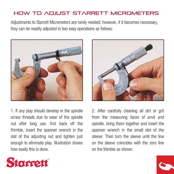 Starrett 436.1XRL-1 Outside Micrometre, Ratchet Stop, Lock Nut, Carbide Faces, 0-1" Range, 0.001" Graduation