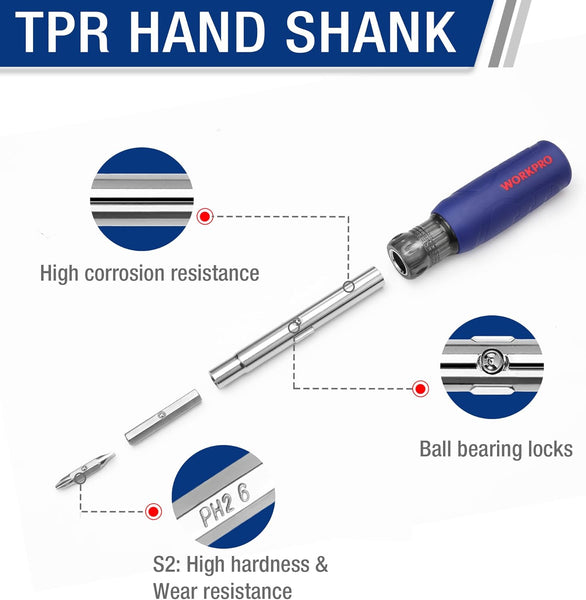 WORKPRO 11 in 1 Multi-bit Screwdriver, Reversible Screwdriver with Phillips/Slotted/Torx/Pozidriv, 4 Interchangeable Multibits and 3 Sockets for DIY, Repair