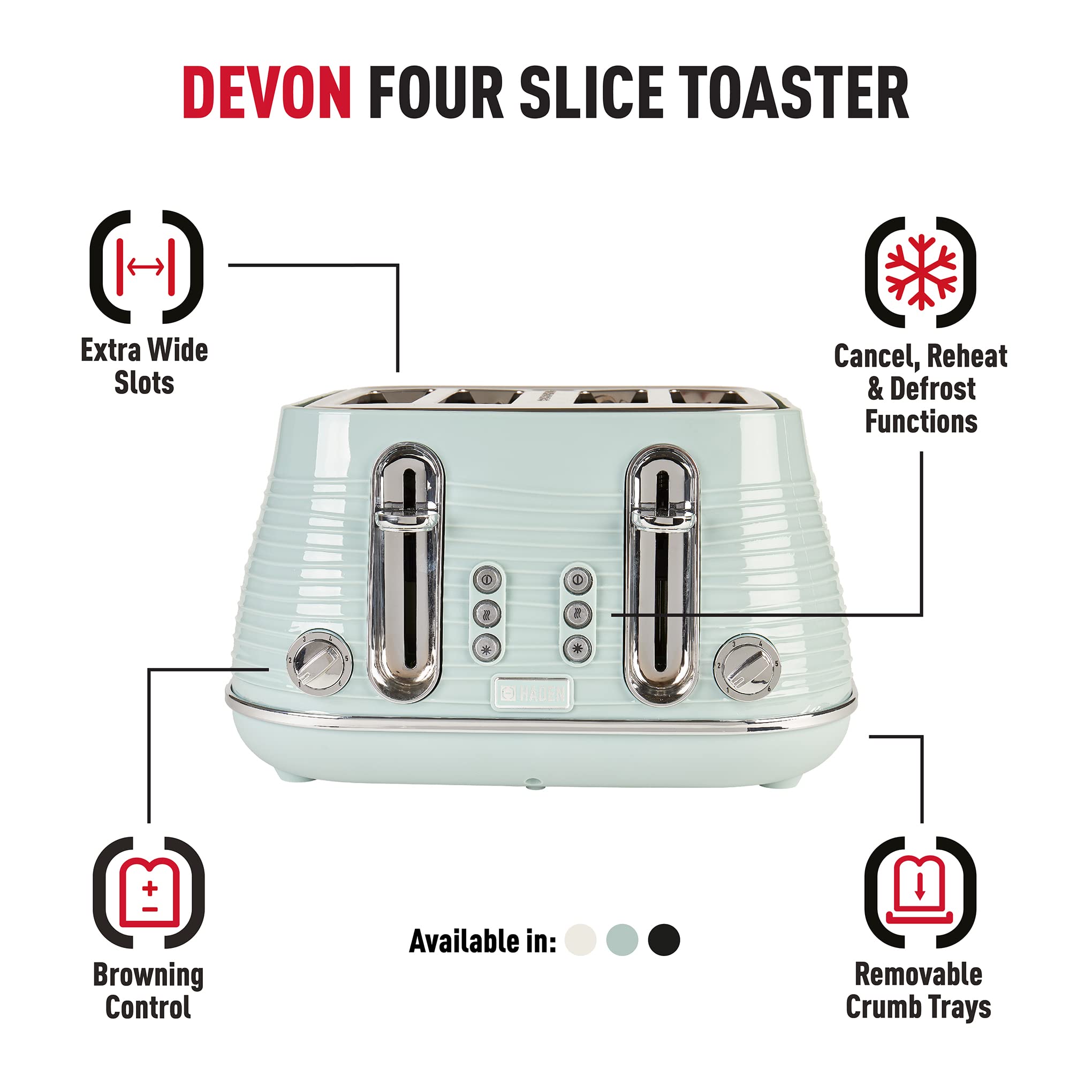 Haden Devon Eucalyptus 4 Slice Toaster - 6 Browning Settings, 4 Slice Toaster with Wide Slots, Toaster 4 Slice with Defrost, Reheat And Cancel