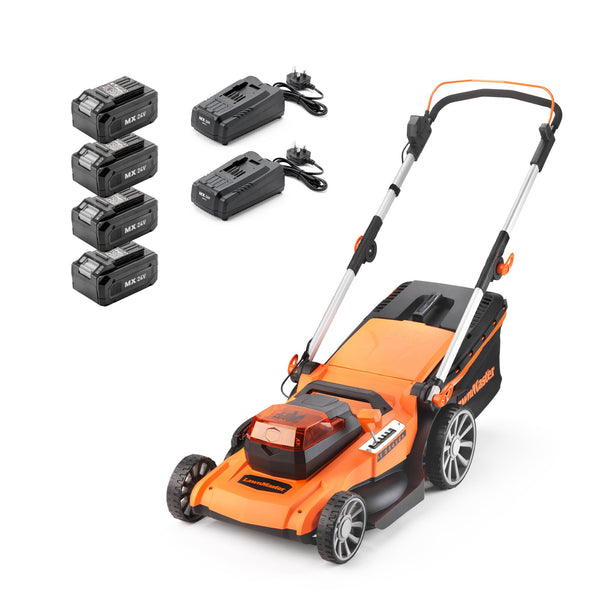 LawnMaster 48V 46cm Cordless Lawnmower with a Set of 2 MX 24V 4.0Ah Batteries, 2x Fast Chargers, Rear Roller, Grass Side Eject and Mulching Function. Battery Lawnmower for Larger Lawns.