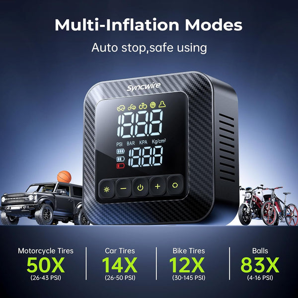 Syncwire Tyre Inflator Portable Air Compressor - 150PSI Air Pump 3X Faster Inflation Electric Tyre Pump for Car Motorcycle Bike Balls, with Car Tyre Valve Caps, Extra-Large LCD, LED Light, Auto-Off