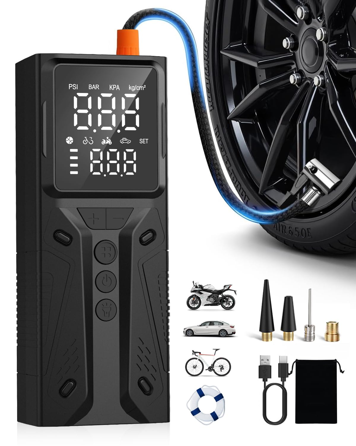 E-SMARTER Tyre Inflator Air Compressor, 6000mAh 150 PSI Bike Pump with Overinflate Protection, Fast Inflation Portable Tyre Inflator for Car LCD Display, Air Pump for Tyres and Other Inflatables