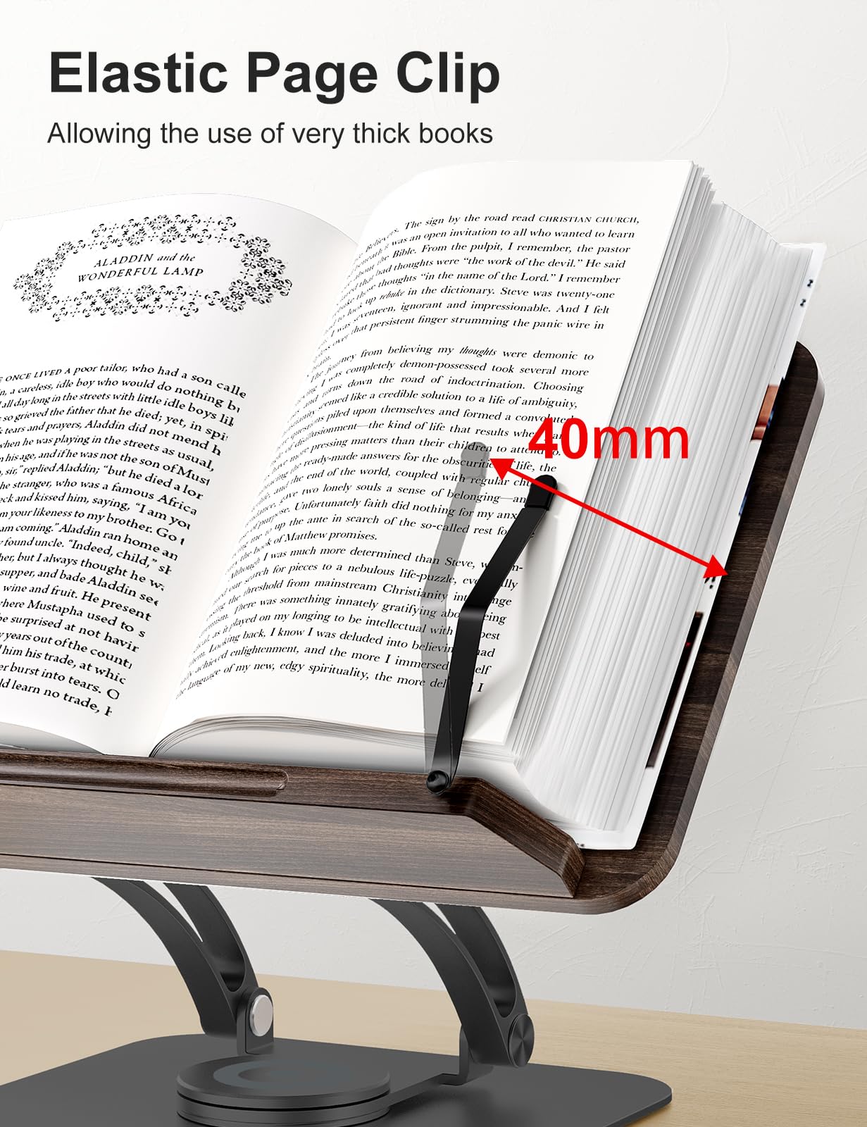 Tounee Book Stand for Reading, Adjustable Book Holder with 360 Swivel Base, Foldable Cookbook Stand Recipe Book Holder with Elastic Page Clips for