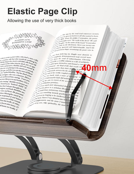 Tounee Book Stand for Reading, Adjustable Book Holder with 360 Swivel Base, Foldable Cookbook Stand Recipe Book Holder with Elastic Page Clips for