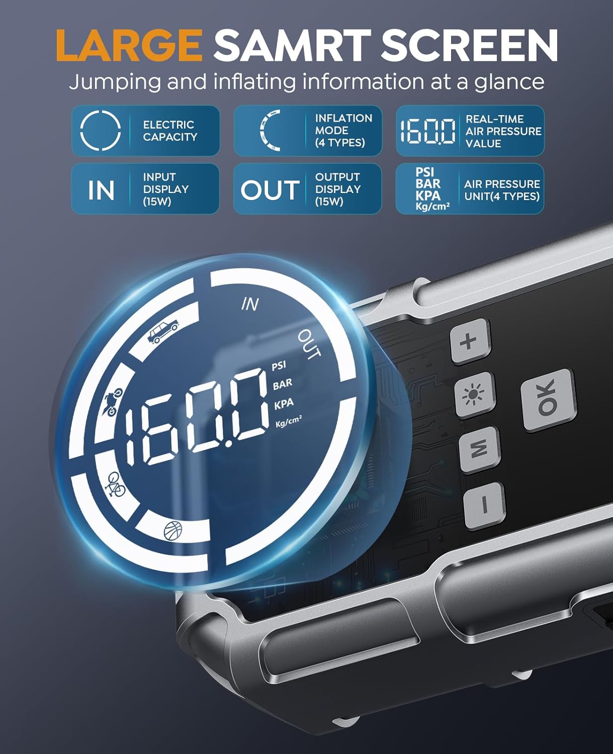 Jump Starter Power Pack with Air Compressor, BRPOM 8000A Portable Jump Starter 160PSI(All Petrol/12L Diesel), 12V Car Jumper Power Bank with Jump Clamps, LCD Screen, Emergency Light