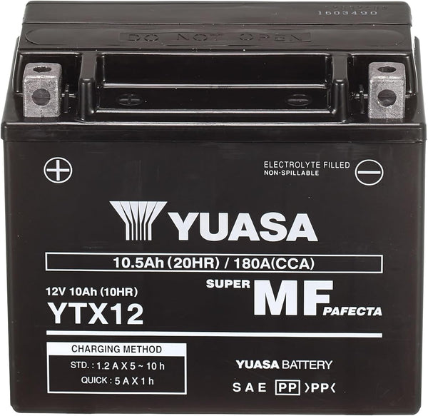 Yuasa YTX12 12V 180 CCA Maintenance Free VRLA AGM Motorbike Battery, Black