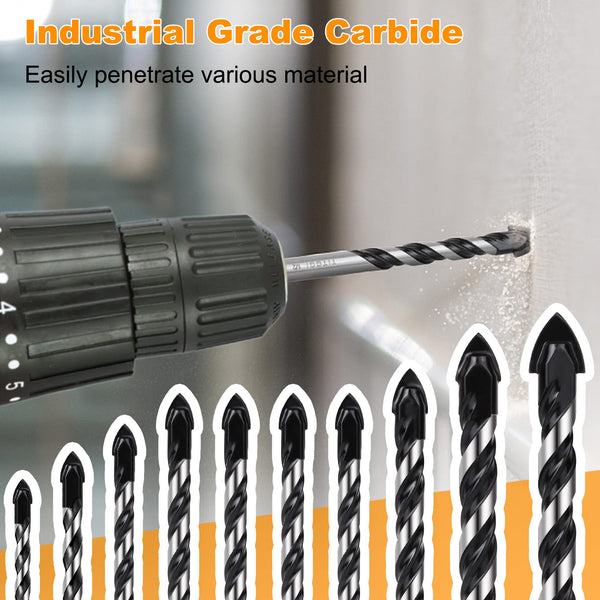 Masonry Drill Bit, Professional Masonry Drill Bit Set (10PCS) for Concrete/Glass/Brick/Cement/Tile/Wood/Etc, Industrial Strength Carbide Drill Bits Tip, 5/32"-1/2"