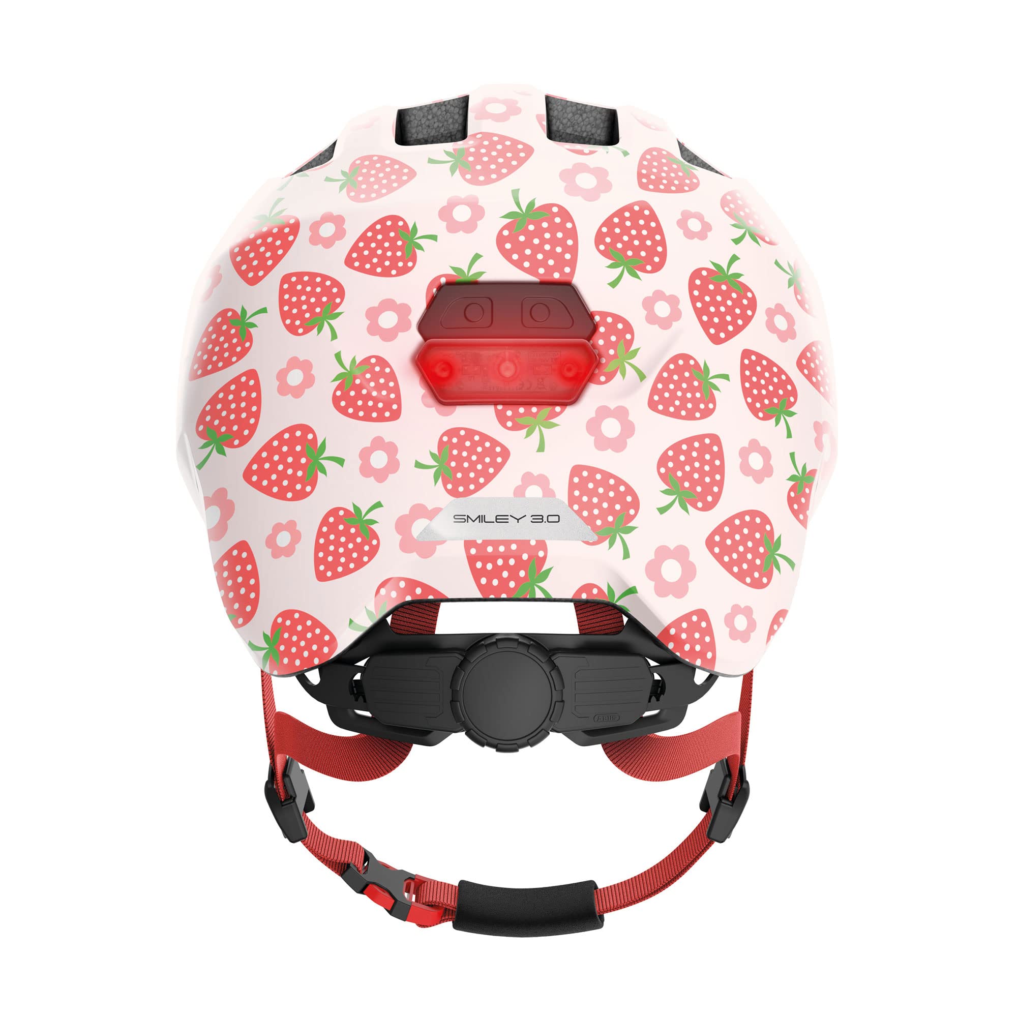 ABUS children's helmet Smiley 3.0 LED - bike helmet with light - deep fit and space for a pigtail - for girls and boys - pink with strawberry pattern,